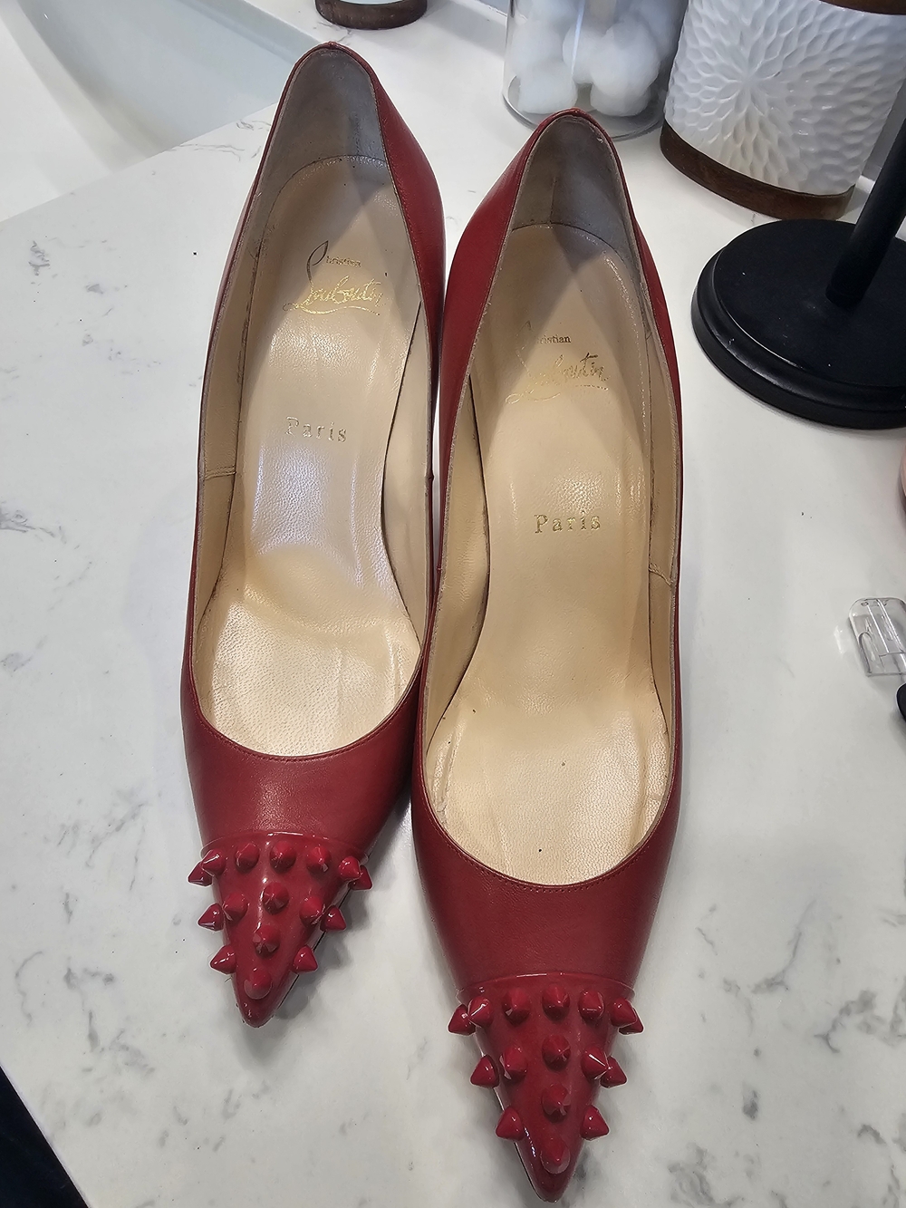 Christian Louboutin Red Pointed Spike Leather Pumps - Studded Toe Sz 38